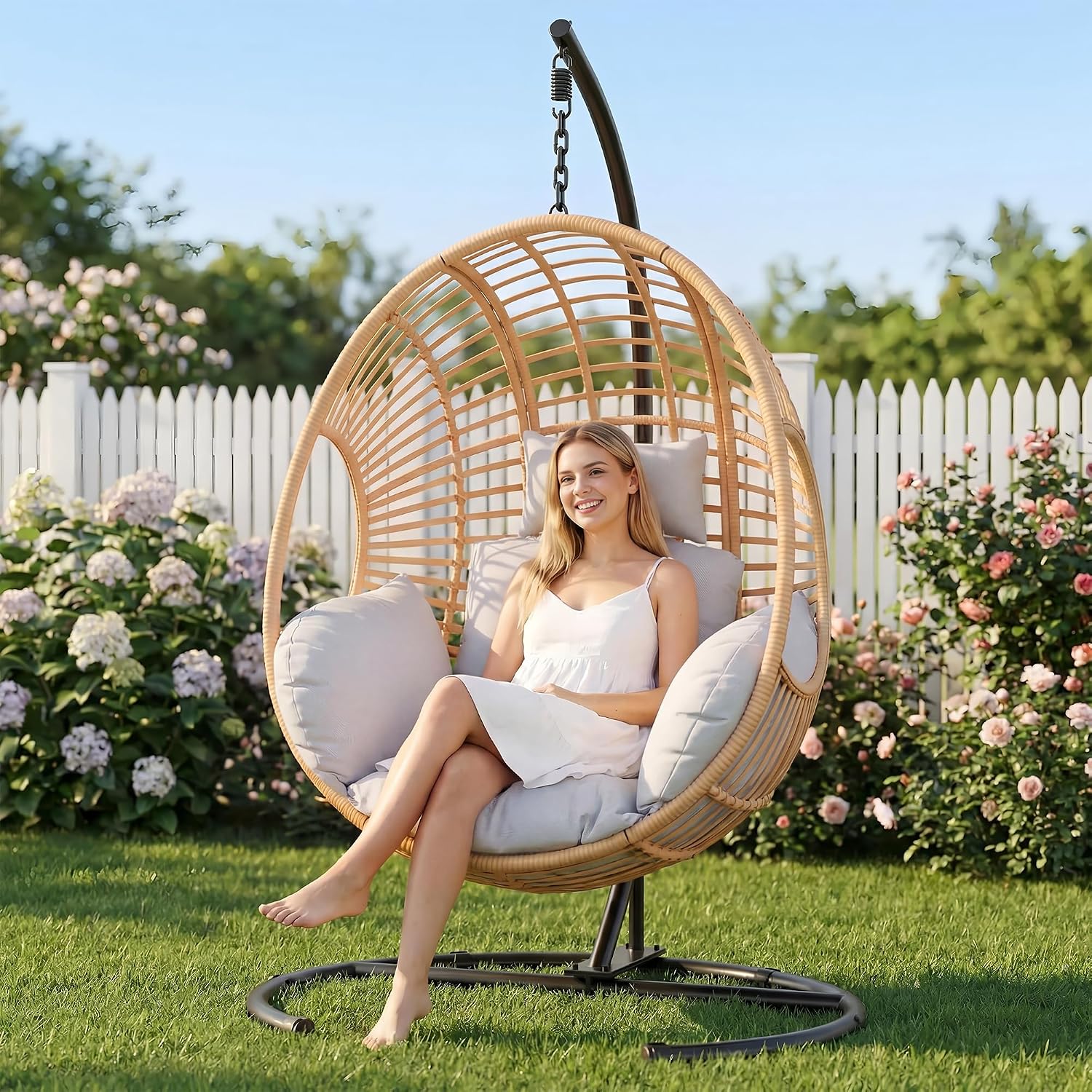 Oversized Hanging Egg Chair Outdoor Indoor, Wicker Swing Egg Chair with Stand 400lbs Capacity for Bedroom, Patio, Garden and Balcony (Beige-Regular, Oversize)