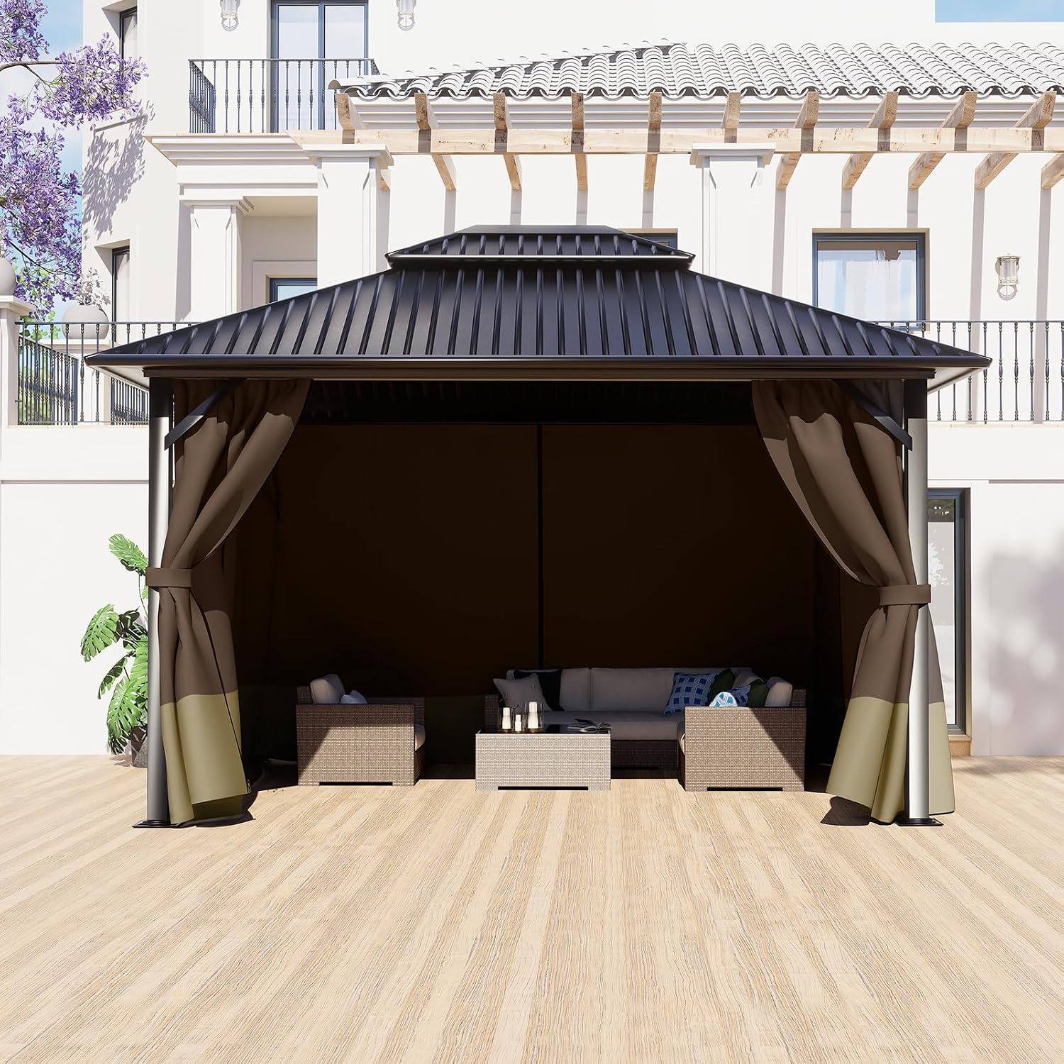 BPS 12' x 16' Gazebo Privacy Curtains with Double Zipper, 4-Panels Side Wall Universal Gazebo Side Panels Replacement for Patio, Outdoor Canopy, Garden and Backyard (Curtain Only)