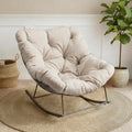 Outdoor Patio Rocking Chair, Oversized Papasan Chair with Cushion and Frame, Comfy Modern Rocker Egg Chair for Living Room, Garden Backyard, Beige