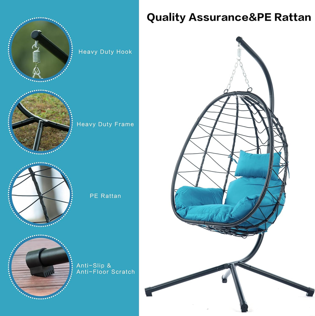 ZSQ Hanging Egg Chair with Stand, Indoor Outdoor Wicker Patio Swing Chair, All-Weather with Cushion (Light Blue)