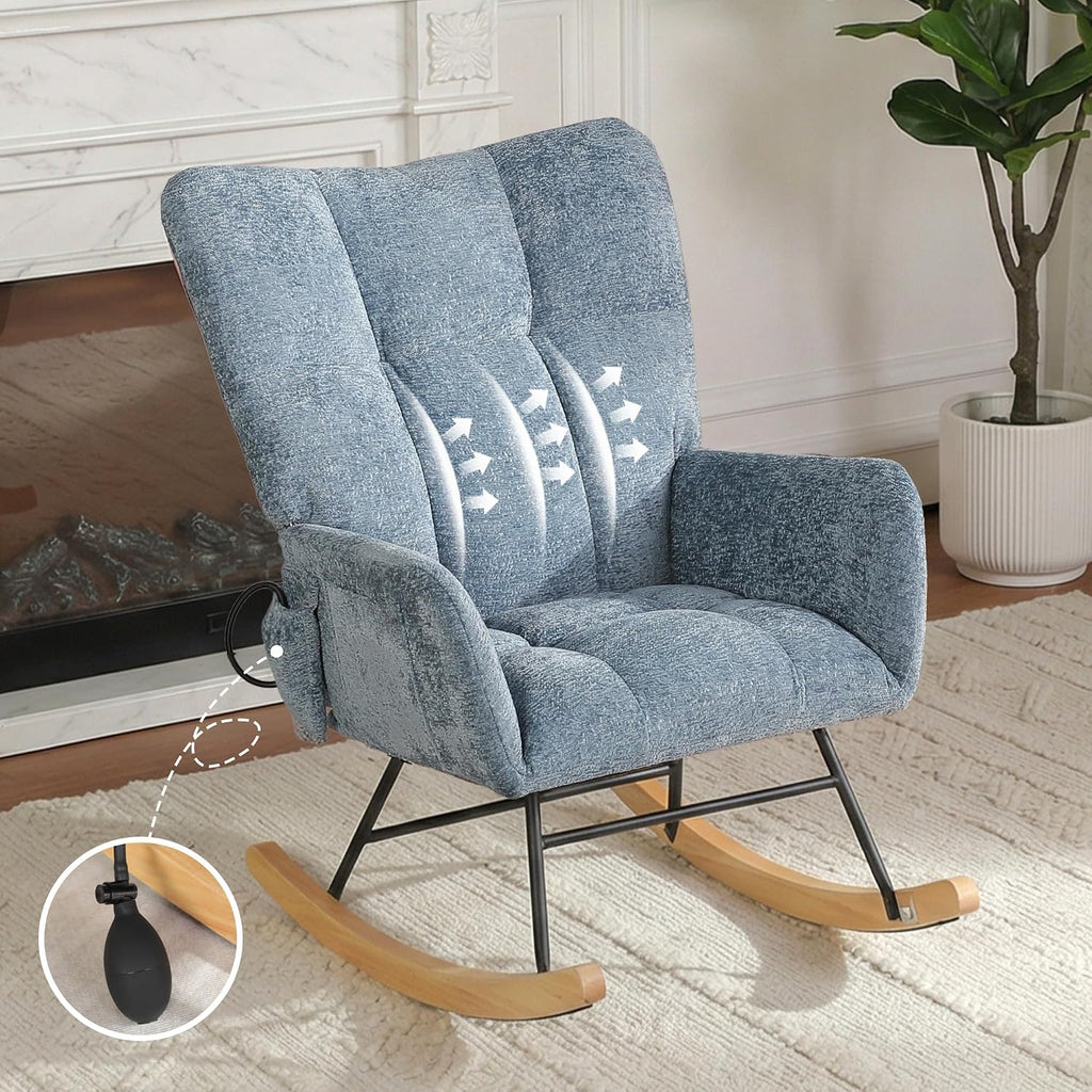 Rocking Chair with Airbag, Comfy Modern Reading & Nursing Nursery Rocking Chair Indoor, Cozy Upholstered Glider Rocker Chairs for Living Room Bedroom Offices, (Chenille, Blue)