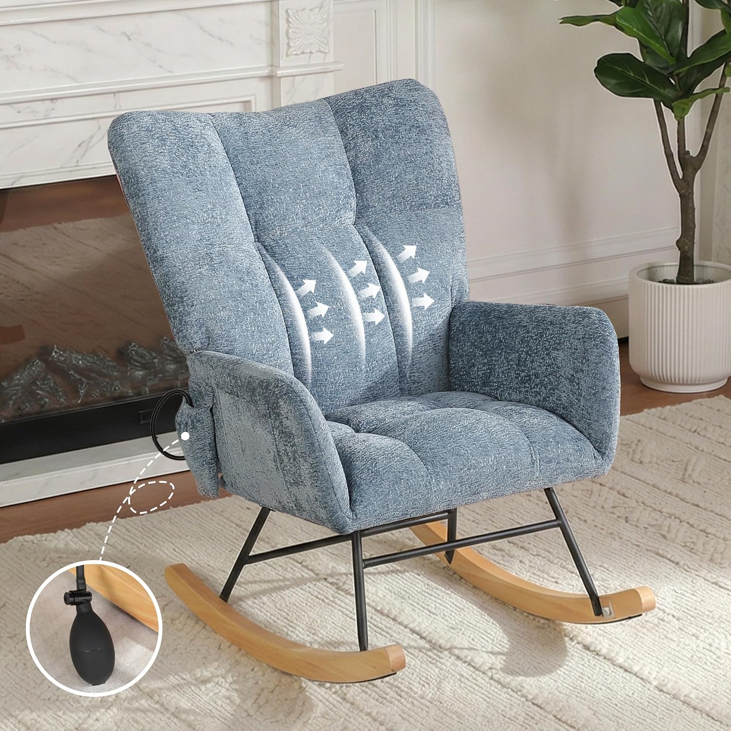 Rocking Chair with Airbag, Comfy Modern Reading & Nursing Nursery Rocking Chair Indoor, Cozy Upholstered Glider Rocker Chairs for Living Room Bedroom Offices, (Chenille, Blue)