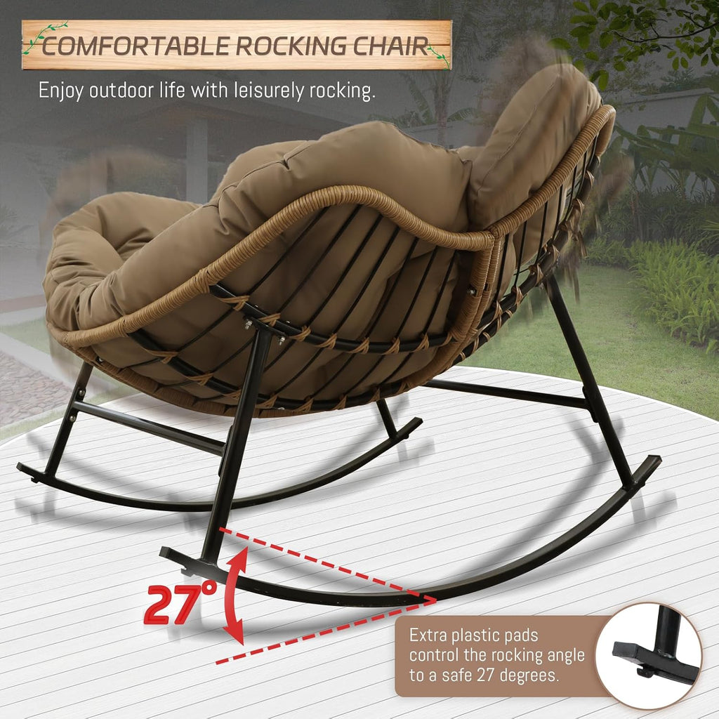 BULEXYARD 4 PCS Rocking Papasan Chair with Ottoman, 2 Person Patio Egg Rocker with Brown Cushion, Double Rocking Chair for Reading/Relaxing, Comfortable Wicker Recliner for Balcony, Porch, Garden