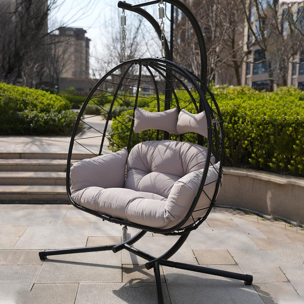Double Egg Chair with Stand Patio Love Seats Chair w/Cushion Outdoor Waterproof Hanging Swing Wicker Rattan Basket (Gray)