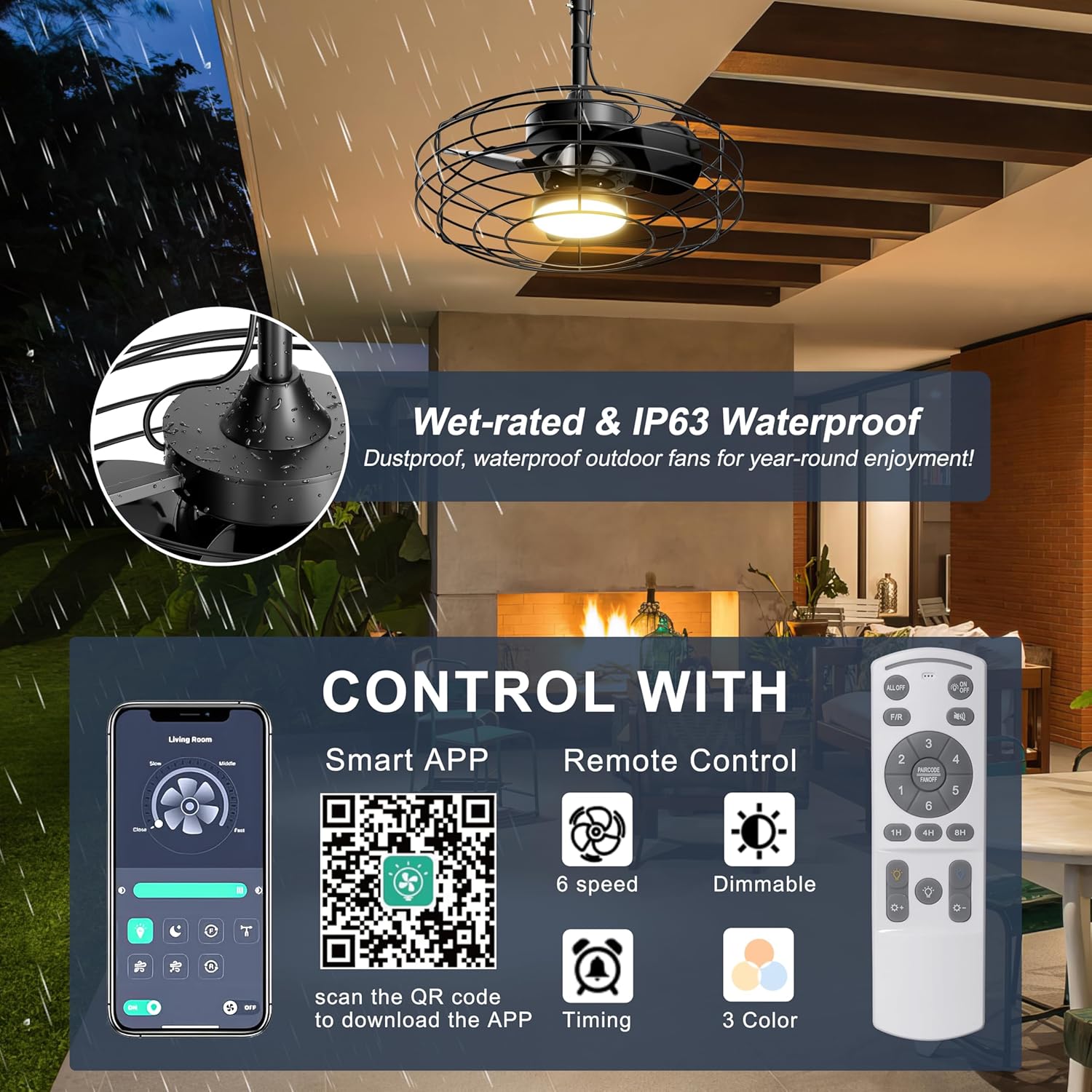 Coolbull 20 Inch Outdoor Ceiling Fans with Light, IP63 Waterproof Gazebo Fan with Hanging Hook, Plug in Caged Ceiling Fan, Remote&APP Control, 3 CCT, 6 Speeds for Patio, Pergola, Canopy, Black