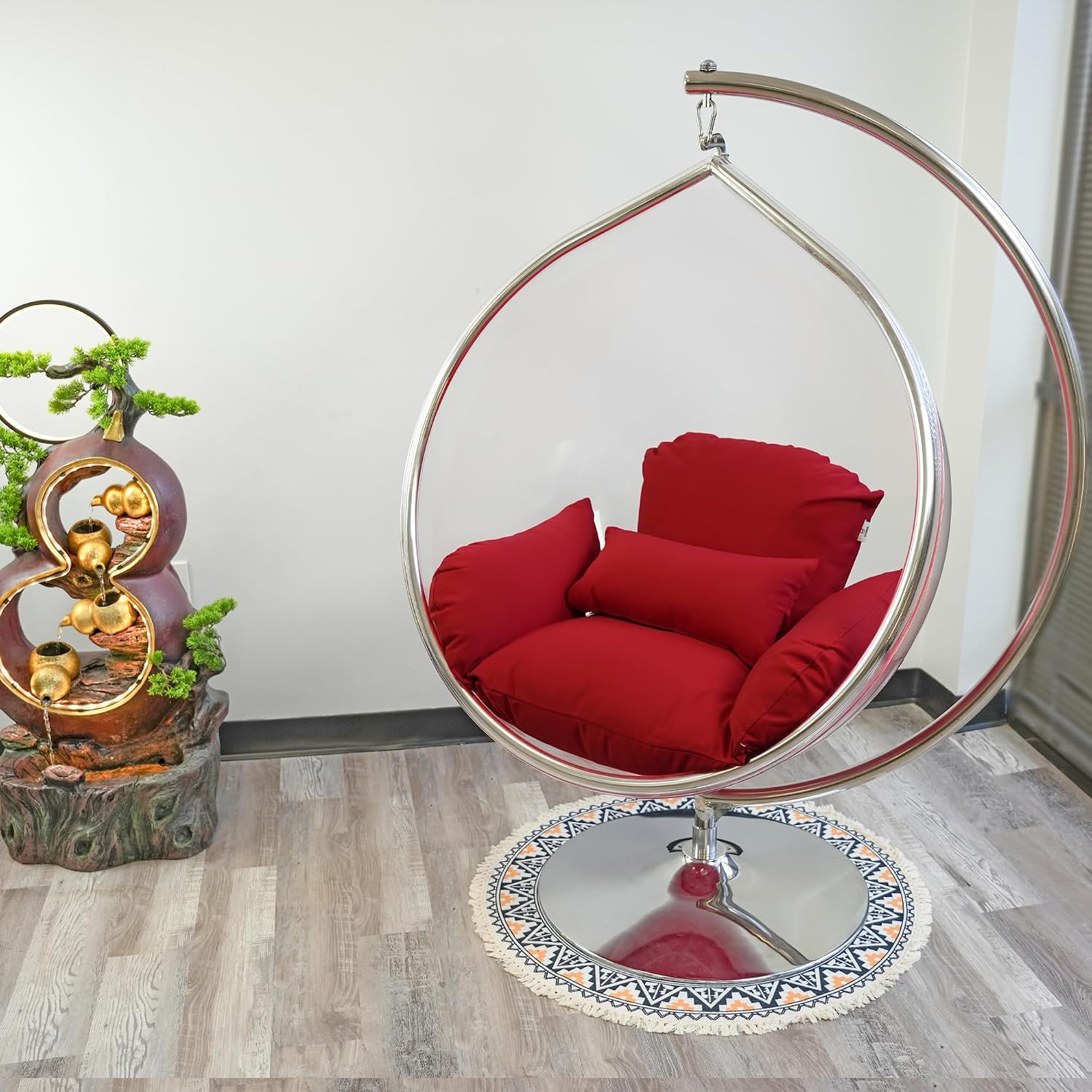 Hanging Chair - Transparent Acrylic Bubble, Waterdrop Shape, Indoor Swing Chair with Gold/Chrome Stand, Durable Fabric Cushion - Luxury Accent for Living Room, Bedroom (Chrome/Red)