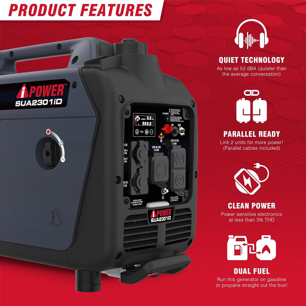 A-iPower 2300-Watt Portable Inverter Generator Dual Fuel, RV Ready, CARB Compliant CO Sensor, Light Weight With Telescopic Handle For Backup Home Use, Tailgating & Camping (SUA2301iD)