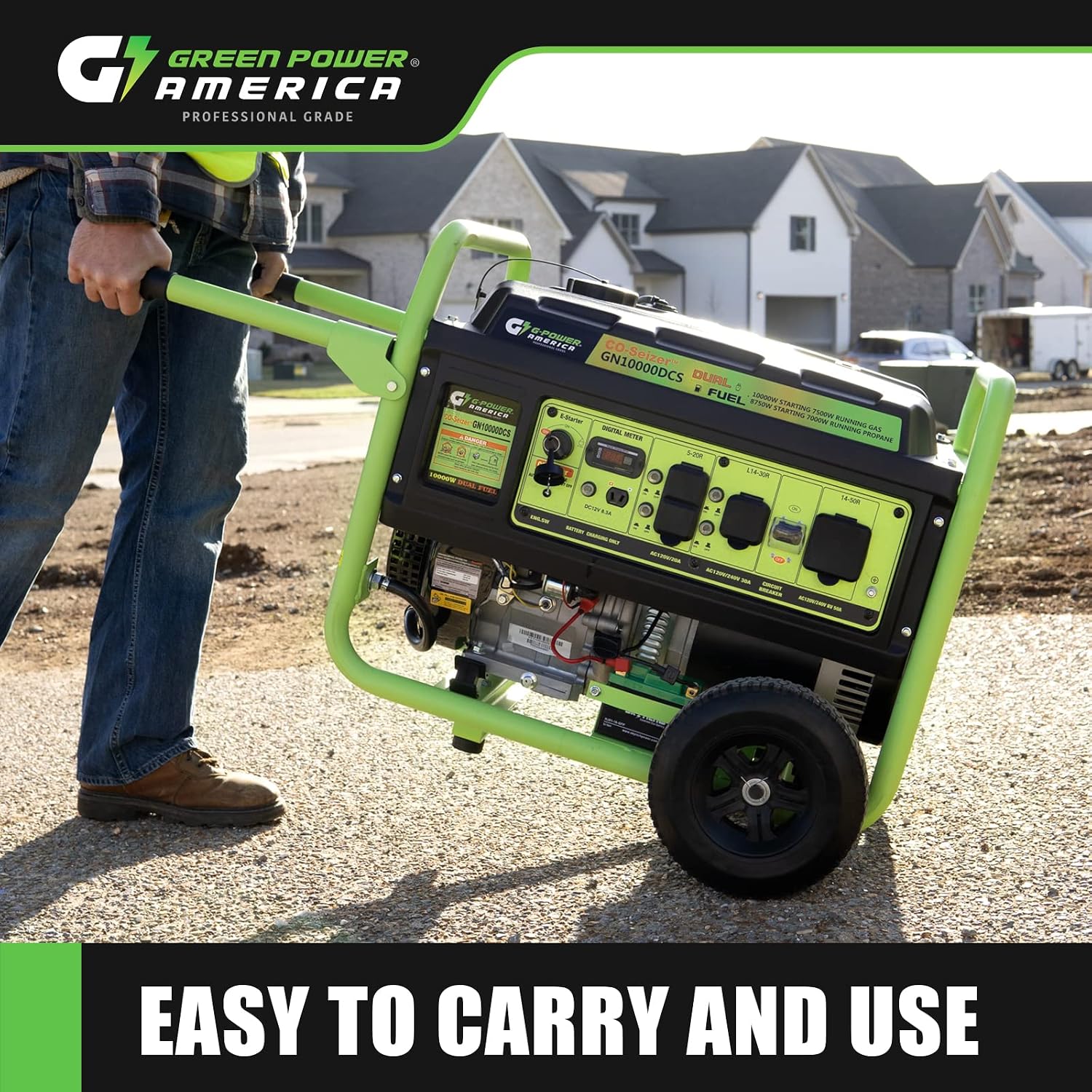 Green-Power America Dual Fuel Portable Generator 10000 Watt,Gas or Propane Powered,Electrical/Recoil Start, Equipped with CO-Seizer CO Protection System