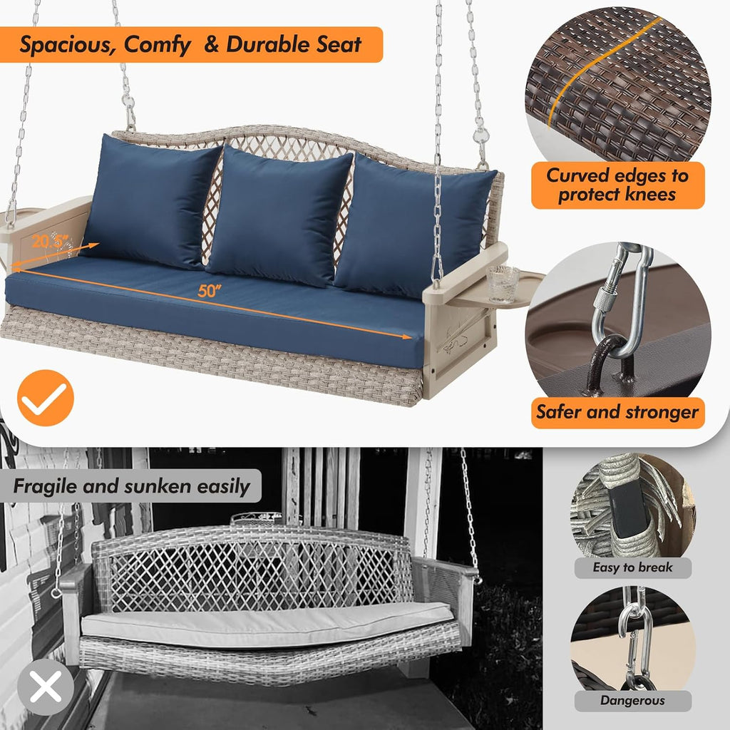 ZZW Upgraded Wicker Hanging Porch Swing Heavy Duty 900 LBS 3-Seat Outdoor Patio Swing Chair Bench for Adult w/ 8.9ft Hanging Chains Cushions and Cup Holder(Grey/Blue)