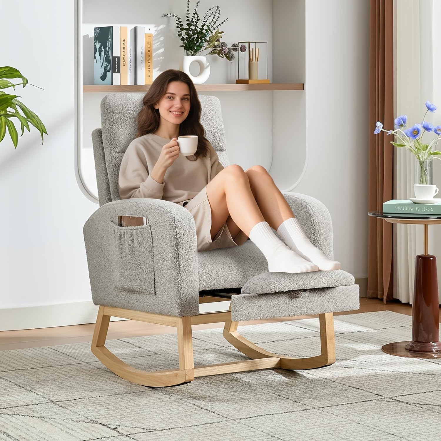 Rocking Chair Nursery Chairs with Foot Rest, Recliner Armchair with High Backrest& Wood Legs and Side Pocket for Living Room,Bedroom,Light Gray