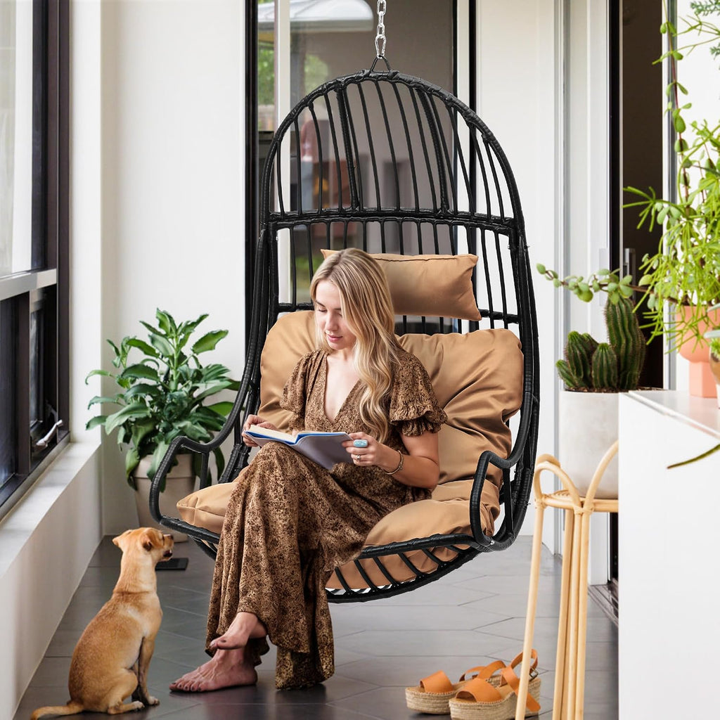 YITAHOME Hanging Egg Swing Chair Egg Chair Wicker Indoor Outdoor Hammock Egg Chair with Cushions 330lbs for Patio, Bedroom, Garden and Balcony, Brown (Stand not Included)