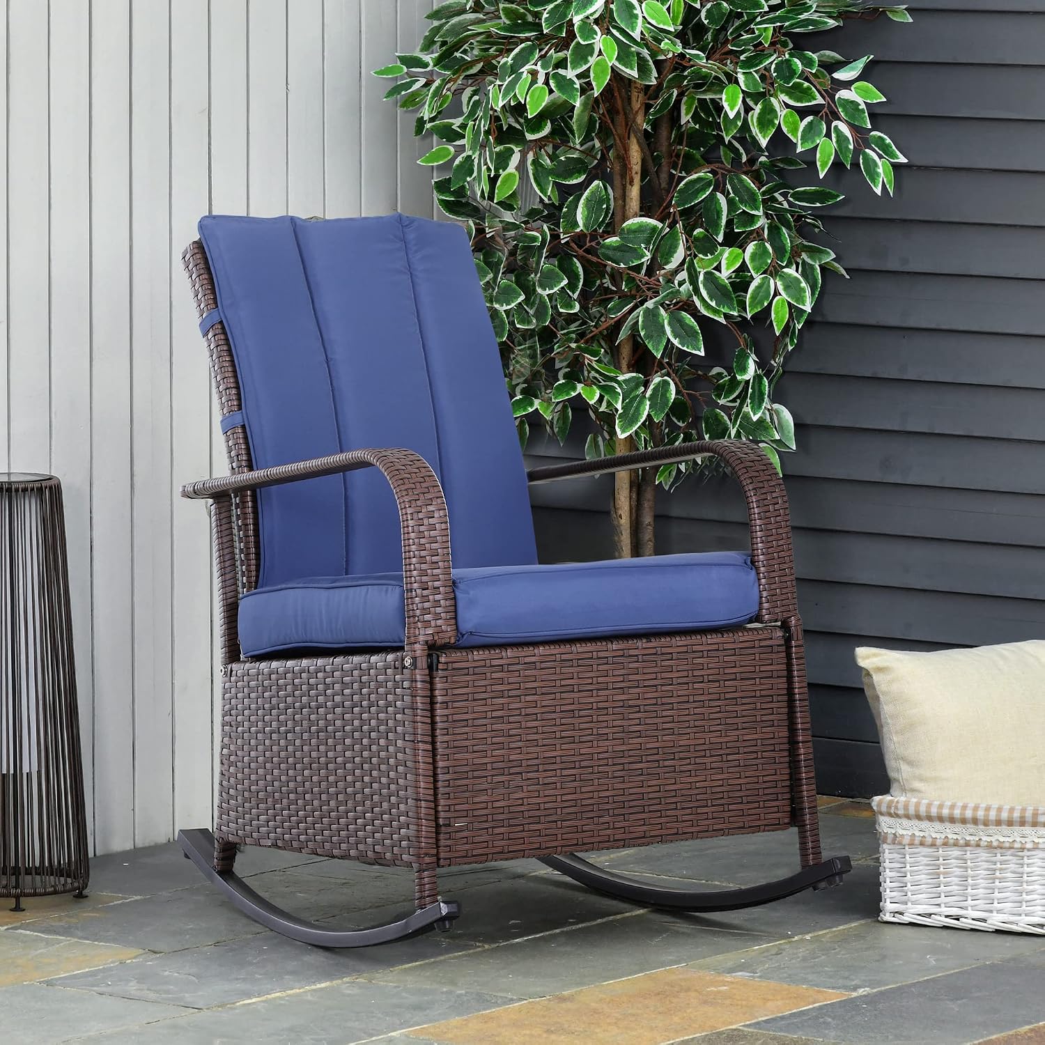 Outsunny Wicker Outdoor Rocking Chair, Patio Recliner with Adjustment Backrest, PE Rattan Lounge Chair with Adjustable Footrest and Cushions for Garden, Backyard, Porch, Blue