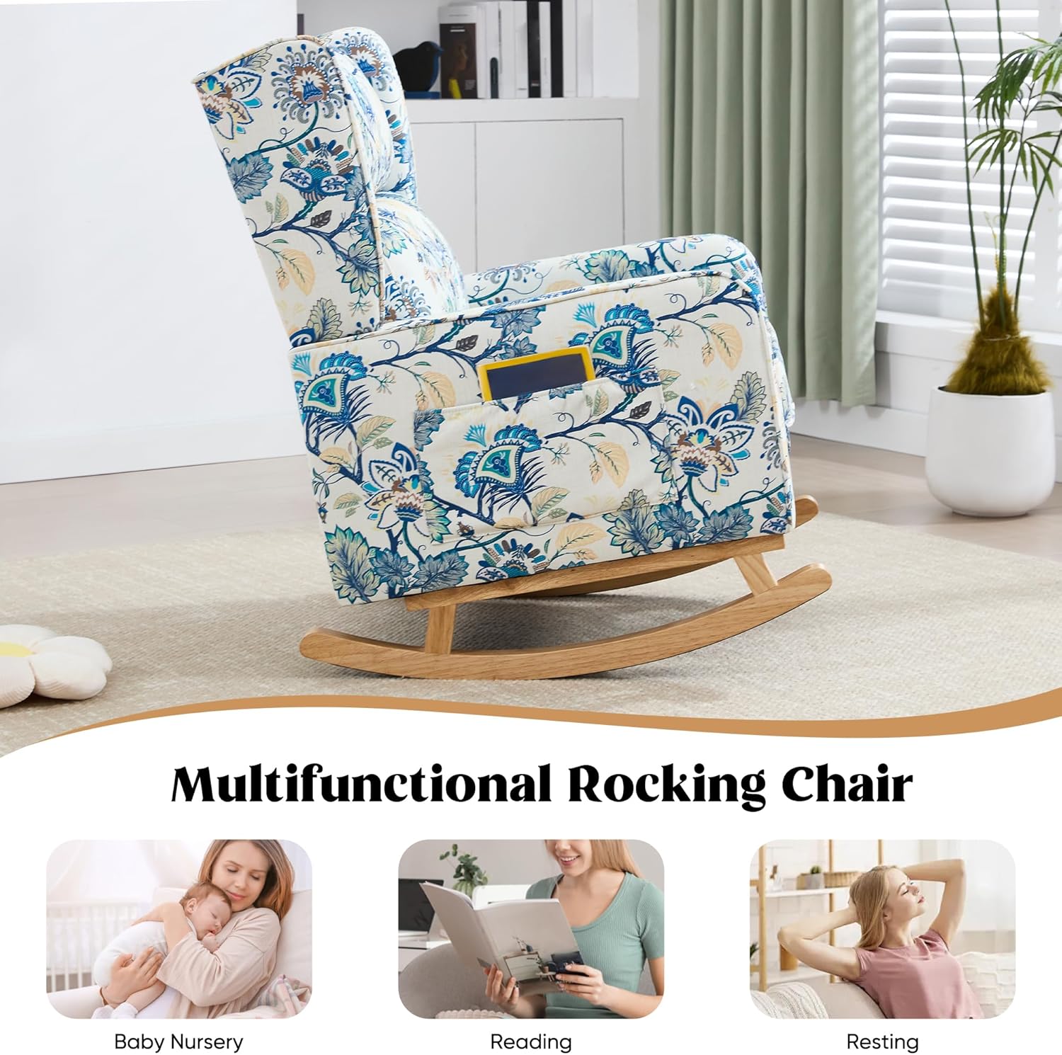 HCHAIRH Nursery Rocking Chairs, Rocking Chair Nursery for Mom Nursery Rocker with High Backrest and Solid Wood Legs, Modern Wingback Accent Chairs Set of 2 for Reading Living Room Bedroom, Blue Floral