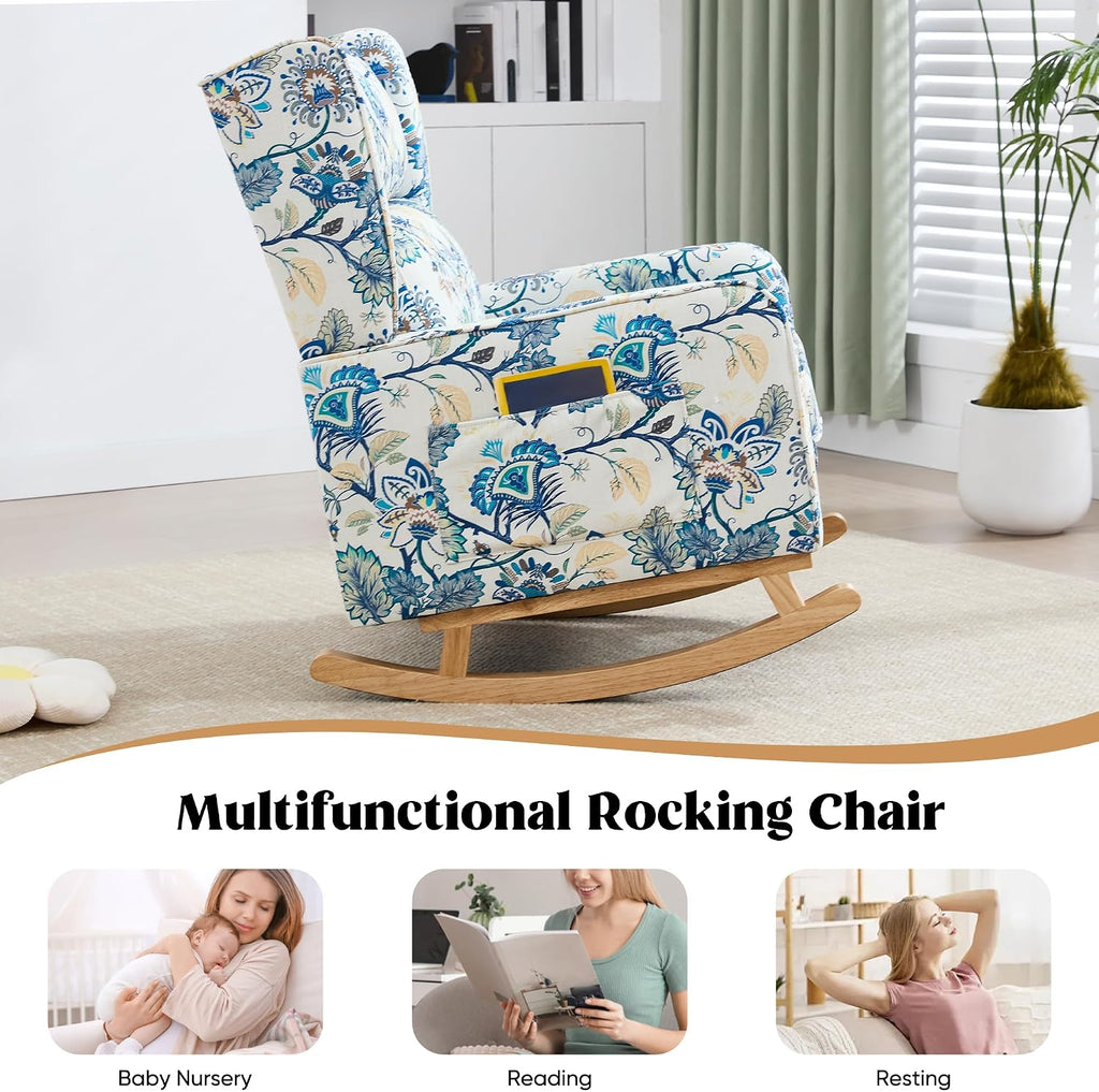 HCHAIRH Nursery Rocking Chairs, Rocking Chair Nursery for Mom Nursery Rocker with High Backrest and Solid Wood Legs, Modern Wingback Accent Chair for Reading Living Room Bedroom, Blue Floral