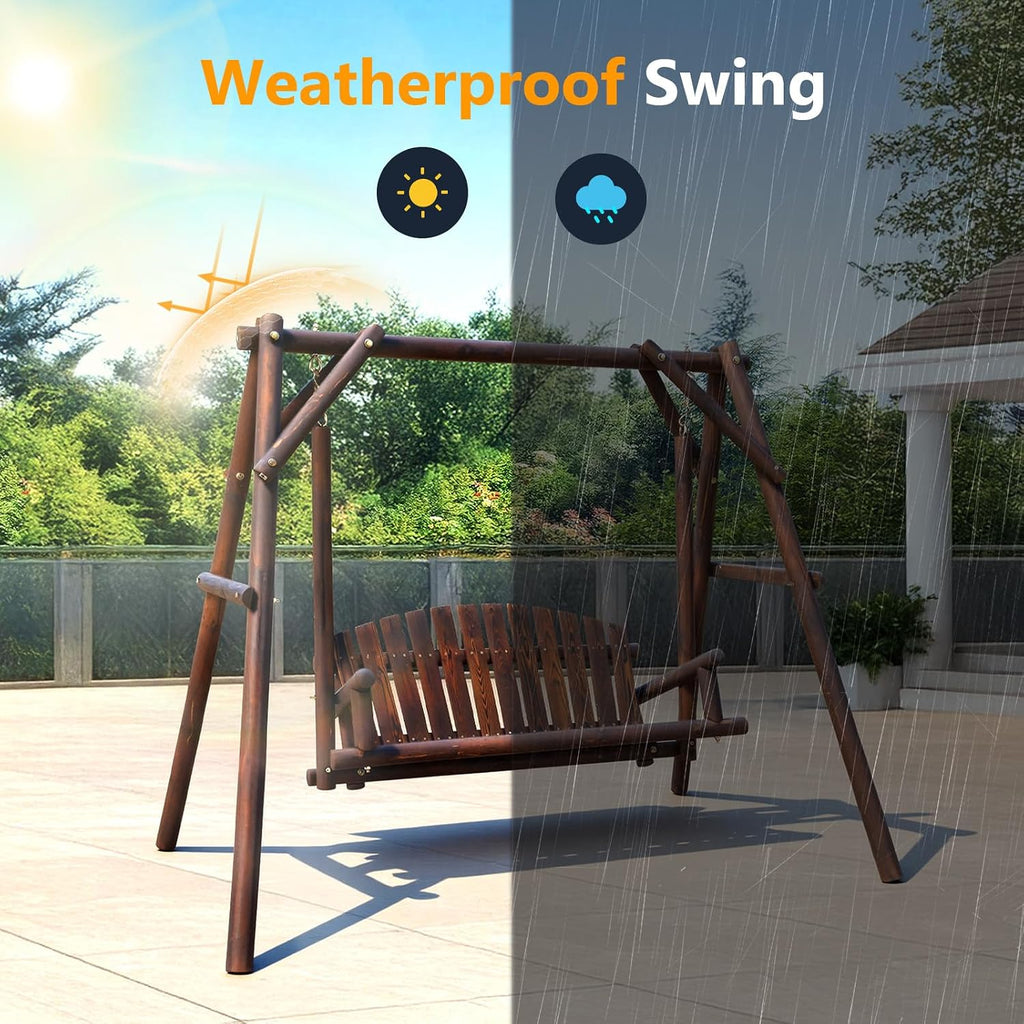 VINGLI Heavy Duty 880 LBS Wooden Patio Porch Swing with A-Frame Stand, Hanging Swing Bench Chair with Frame for Outside, Yard, Garden (Rustic Sequoia Dusk)