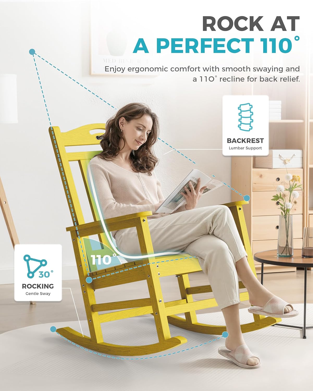 Ciokea Oversized Outdoor Rocking Chair, 380lbs Heavy-Duty Large Patio Rocker, Weather Resistant & Anti-Fade Porch Chair, High Back Cozy Rocking Chair for Outside, Fire Pit, Deck, Garden, Citron Yellow