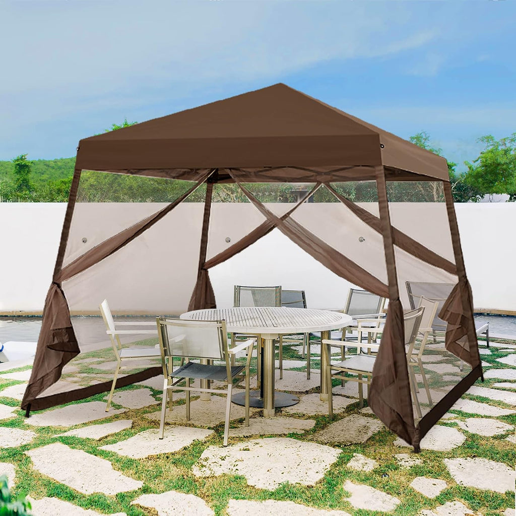 10x10 Pop Up Canopy Tent, Slant Leg Instant Screened Gazebo with Mesh Walls, UV Protection, Water Resistant, Brown