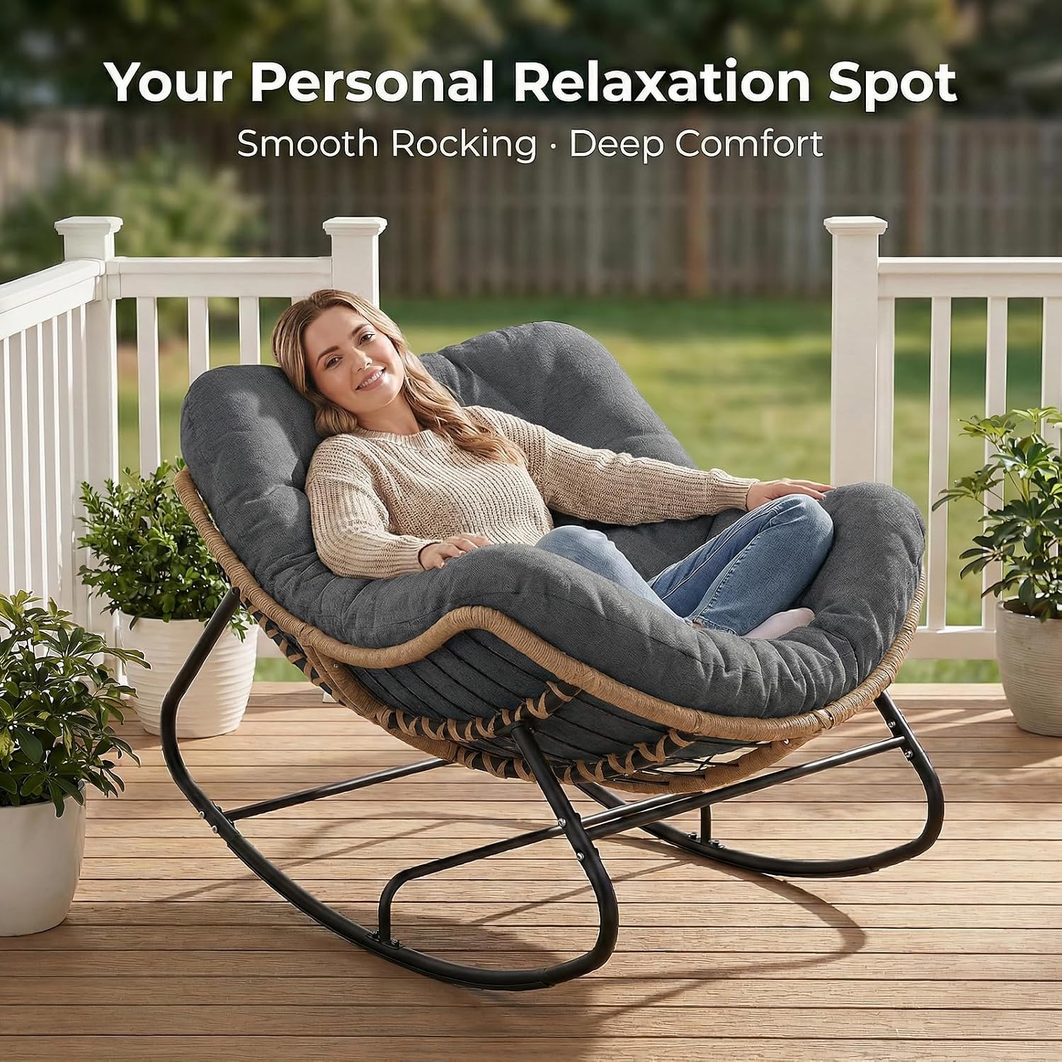 SWITTE Outdoor Rocking Chair, Oversized Patio Papasan Rocker, Comfy Wicker Reading Lounge, Indoor Bed-Like Egg Chair for Bedroom,Balcony, Porch, Garden, Dark Grey