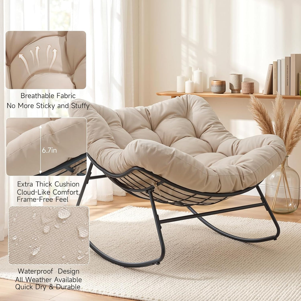 Papasan Rocking Chair Indoor, Oversized Rocking Chair with Thickened Cushion, 450 lbs Large Comfy Egg Chair Indoor,Cozy Lounge Reading Glider Chair for Bedroom, Beige