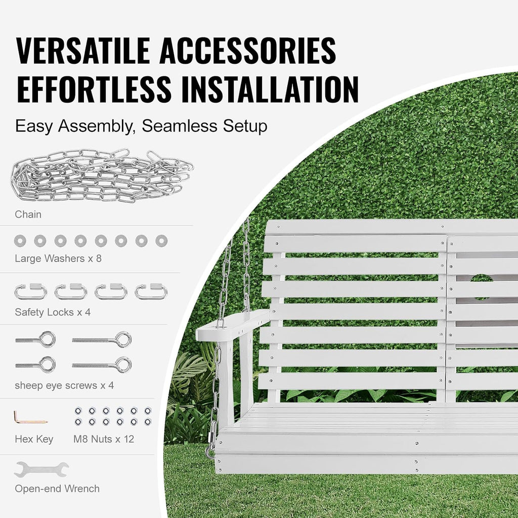 VEVOR Wooden Porch Swing 5 ft, Patio Bench Swing for Courtyard & Garden, Upgraded 880 lbs Strong Load Capacity, Heavy Duty Swing Chair Bench with Hanging Chains for Outdoors, White