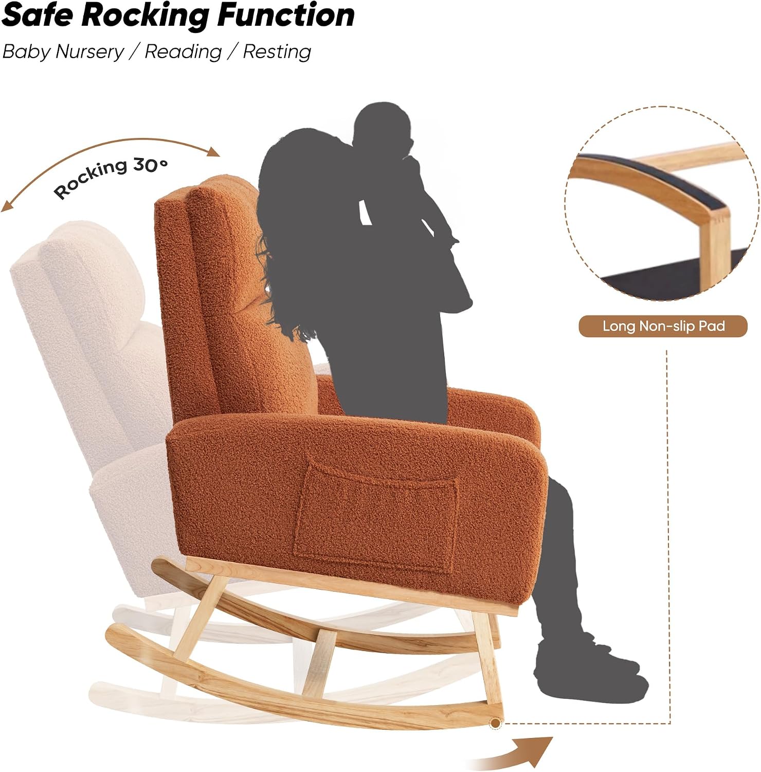 HCHAIRH Rocking Chair Nursery, Sherpa Nursing Rocking Chairs, Upholstered Nursery Glider Rocker for Mom Nursery Morden Accent Rocking Chair with Side Pocket for Living Room,Bedroom,Teddy Brown