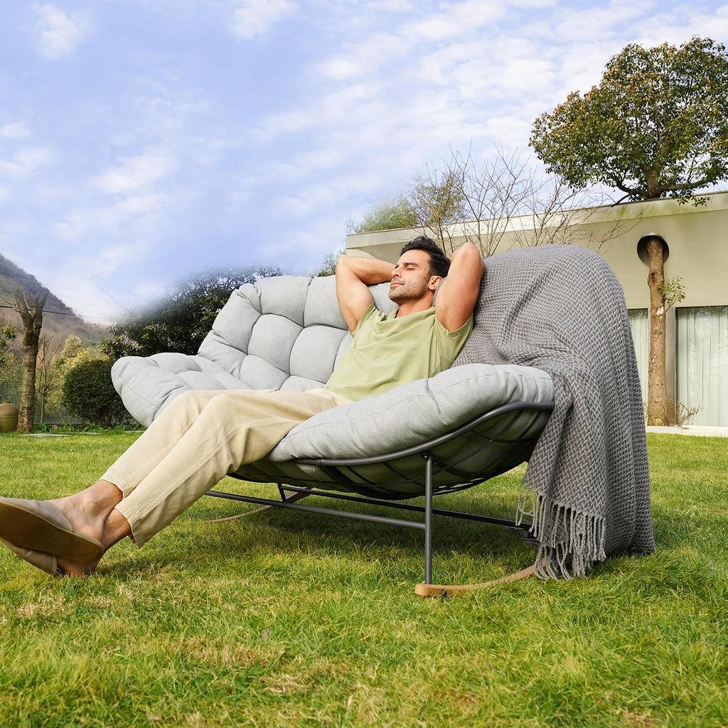 Grand patio Rocking Chair Outdoor, Oversized Rocking Chair for 2 with E-Coated Steel Frame and Thick Cushion, Comfy Papasan Loveseat Rocker for Patio Porch Deck