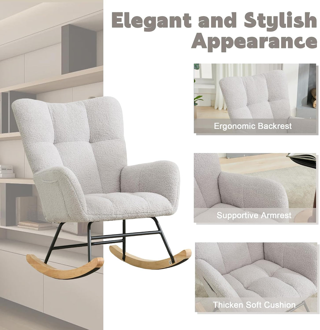 Nursery Rocking Chair, Teddy Upholstered Glider Rocker Rocking Accent Chair with High Backrest Armchair Comfy Side Chair for Living Room, Bedroom, Offices (Light Gray)