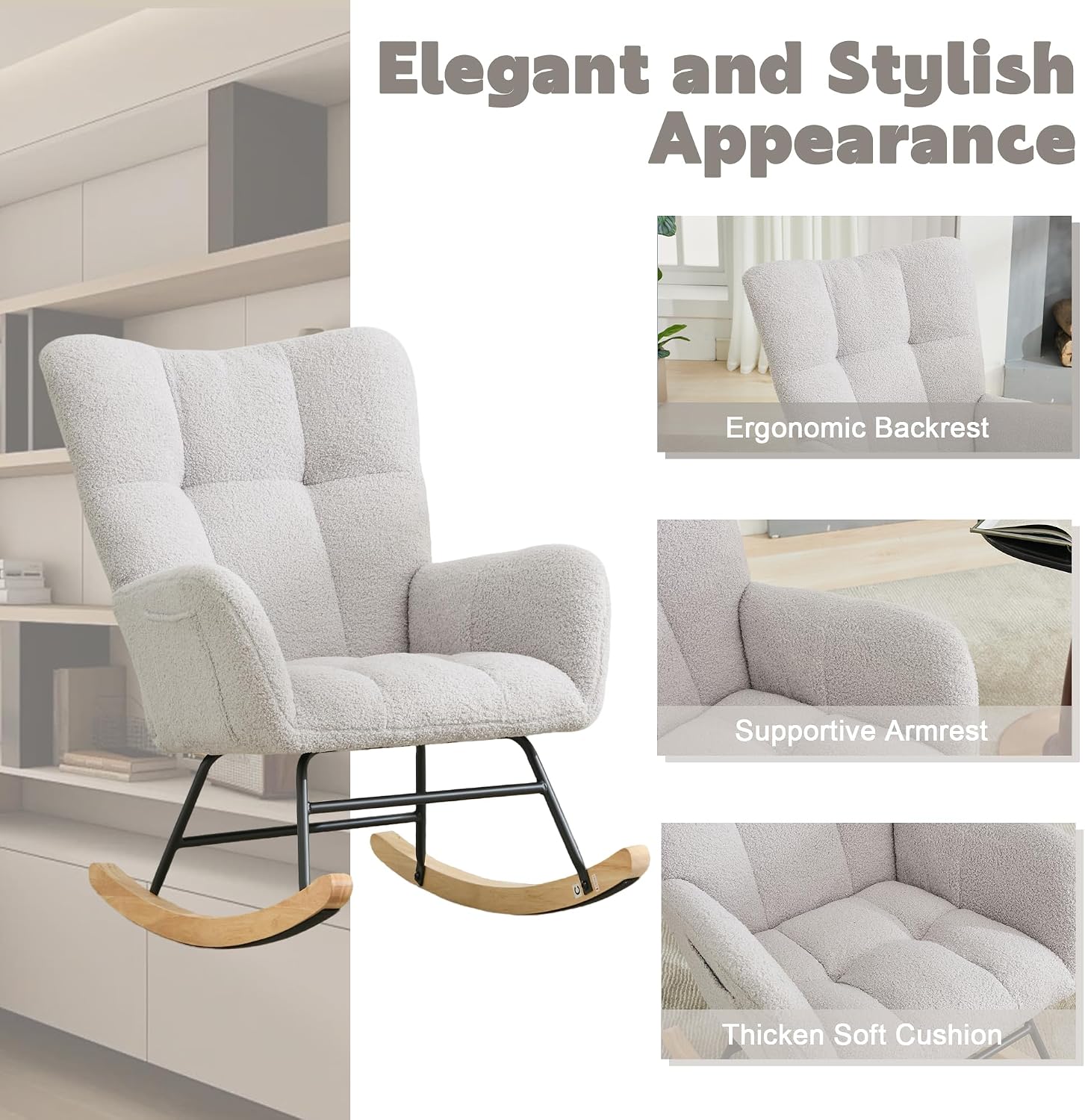 Nursery Rocking Chair, Teddy Upholstered Glider Rocker Rocking Accent Chair with High Backrest Armchair Comfy Side Chair for Living Room, Bedroom, Offices (Light Gray)