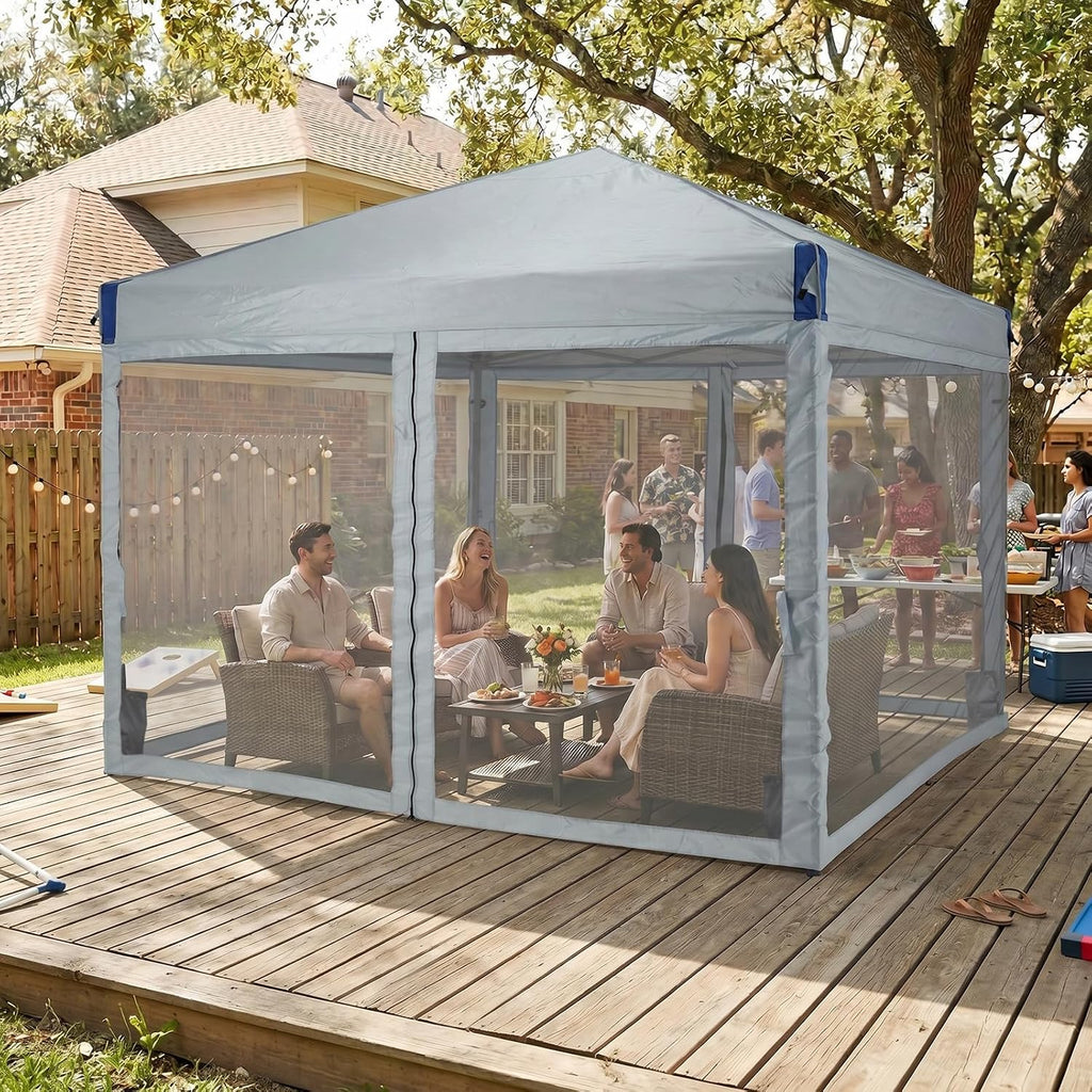 Aoodor 10x10 Ft Pop Up Canopy Tent with Netting, Water-Resistant 210D Oxford Fabric Shade, Easy Assembly Commercial Gazebo with Wheeled Carry Bag & 4 Sand Bags for Camping, Party, Gray