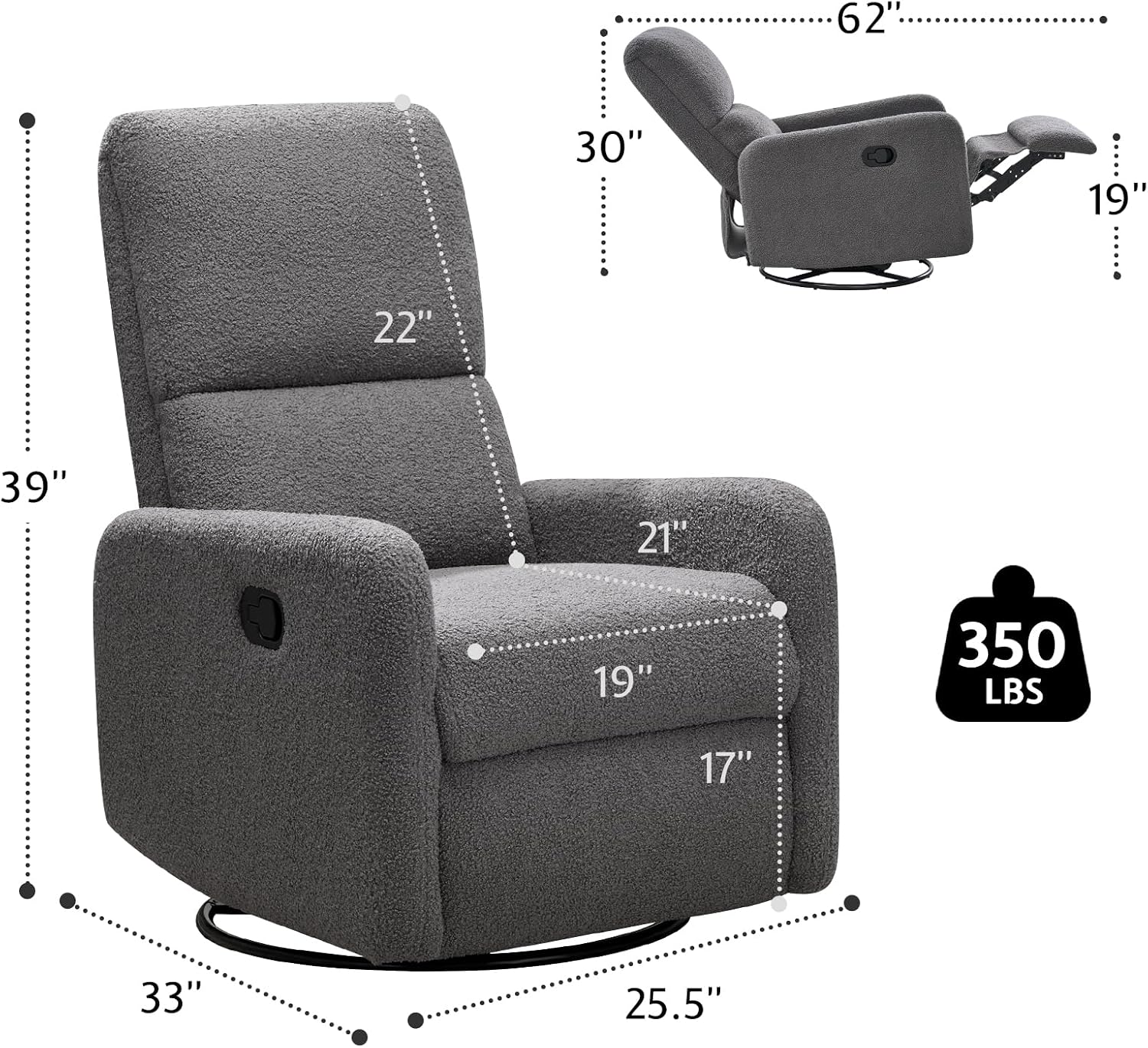 Jocisland Swivel Rocker Recliner Chair for Adults, Nursery Rocking Reclining with High Back, Small Glider for Small Spaces/Living Room/Bedroom/Nursing, Gray Teddy (No Side Pockets)