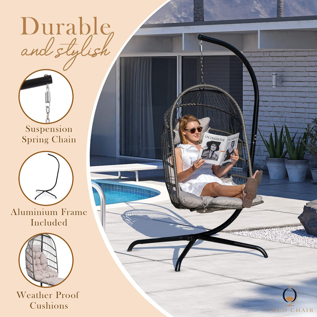 Hanging Egg Chair with Stand & Leg Rest | Modern, Boho-Chic Outdoor & Indoor Swing Chair | Grey