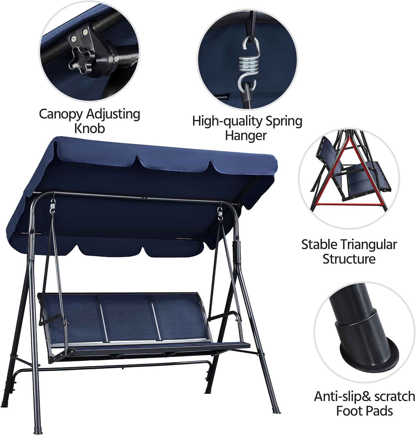 Yaheetech Outdoor Porch Swing Chair for Adults, 3-Seat Patio Sunset Hanging Swing w/Texteline Fabric & Adjustable Canopy & Armrests, Canopy Lounge Chair for Backyard/Garden/Balcony, Blue