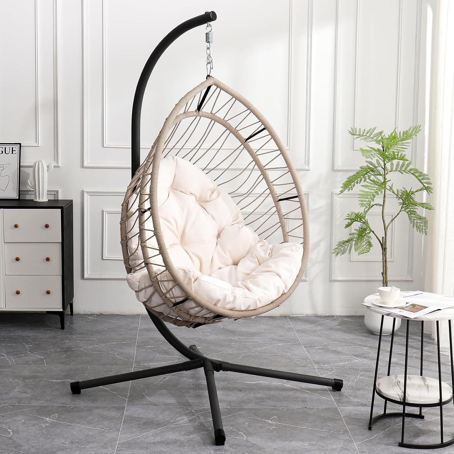 Hanging Egg Chair with Stand, Foldable Patio Hammock Egg Swing Chair Made by All-Weather Core-Spun Polyester Rope with Soft Cushion for Bedroom Garden Indoor Outdoor, 350Lbs Cap. (Beige)