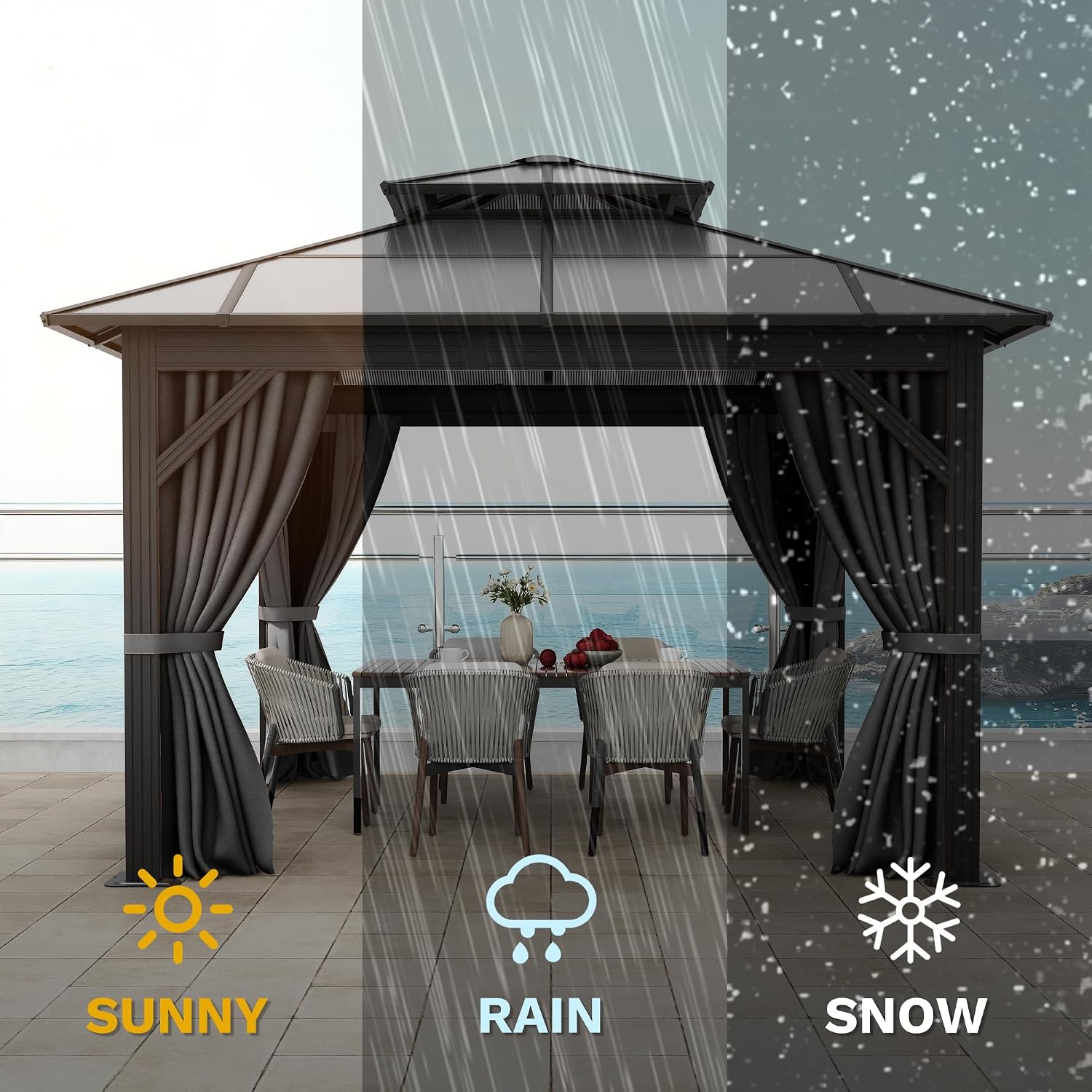 DWVO 10x10ft Gazebo Hardtop Double Roof Polycarbonate Canopy Outdoor with Netting and Shaded Curtains, Metal Frame Garden Tent for Patio, Backyard, Deck and Lawns, Gray