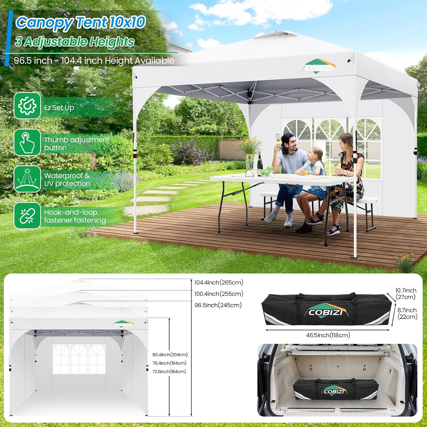 COBIZI 10x10 Pop Up Canopy with 3 Removable Sidewalls, Easy Pop Up Comercial Instant Canopy with One Push Center Lock, Waterproof Canopy with Sidewalls for Event, Rope & Stakes & Sandbags, White