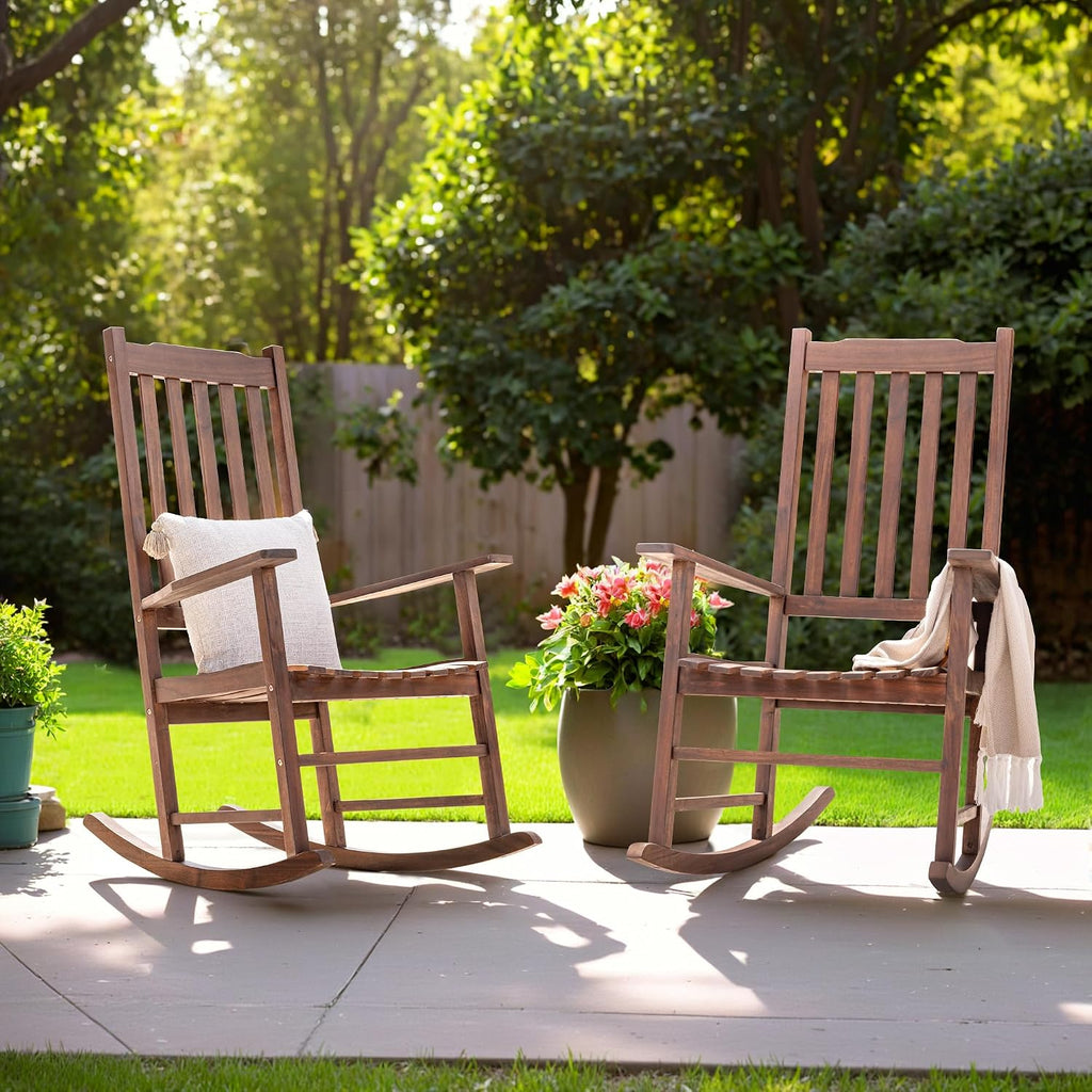Flamaker Outdoor Rocking Chair Oversized Wooden Patio Chairs with Widened Armrest High Back Porch Rocker for Lawn, Garden, Backyard, Fire Pit (Brown)