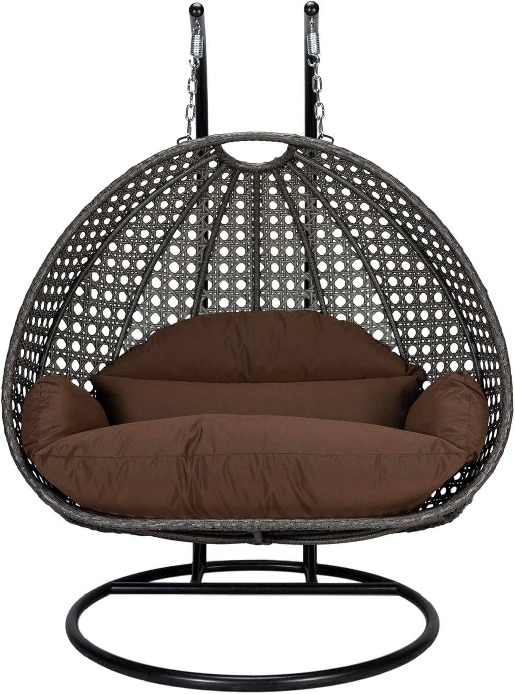 LeisureMod 2 Person Wicker Hanging Egg Chair with Stand & UV-Resistant Cushions for Indoor/Outdoor, Patio, Lounge, Hammock Seat, Brown