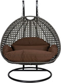 LeisureMod 2 Person Wicker Hanging Egg Chair with Stand & UV-Resistant Cushions for Indoor/Outdoor, Patio, Lounge, Hammock Seat, Brown