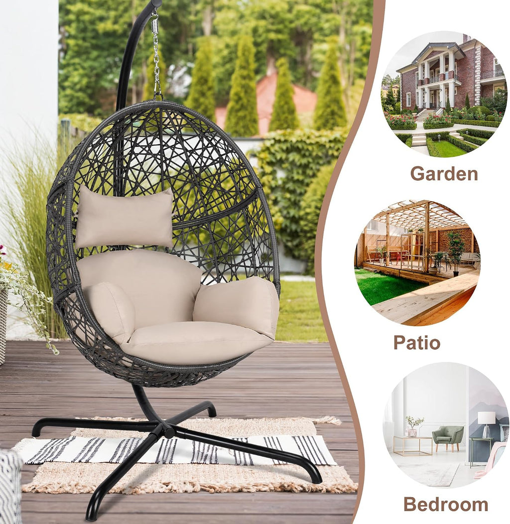 NICESOUL Bird Cage Swing Egg Chair, UV/Water-Resistant 450lbs Capacity Wicker Swinging Chairs with Stand, Comfy Oversized Hanging Seat w/Cushion, Metal Frame & Cover for Indoor Outdoor, Grey & Beige