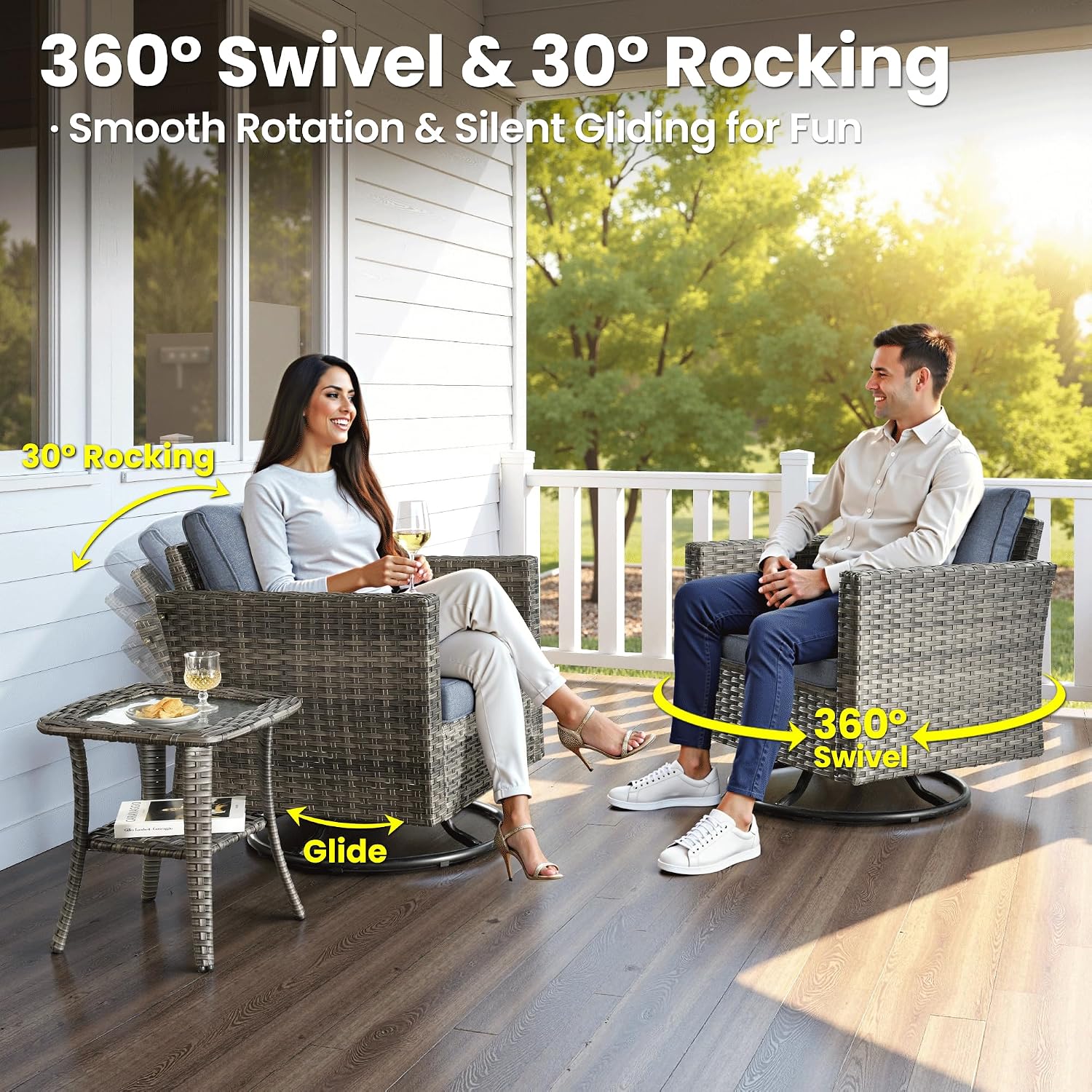 ovios 6-Pieces Patio Furniture Set, Outdoor Wicker Sofa Couch with Swivel Glider Chairs Comfy Cushions, Modern Conversation Set for Backyard Porch, Denim Blue