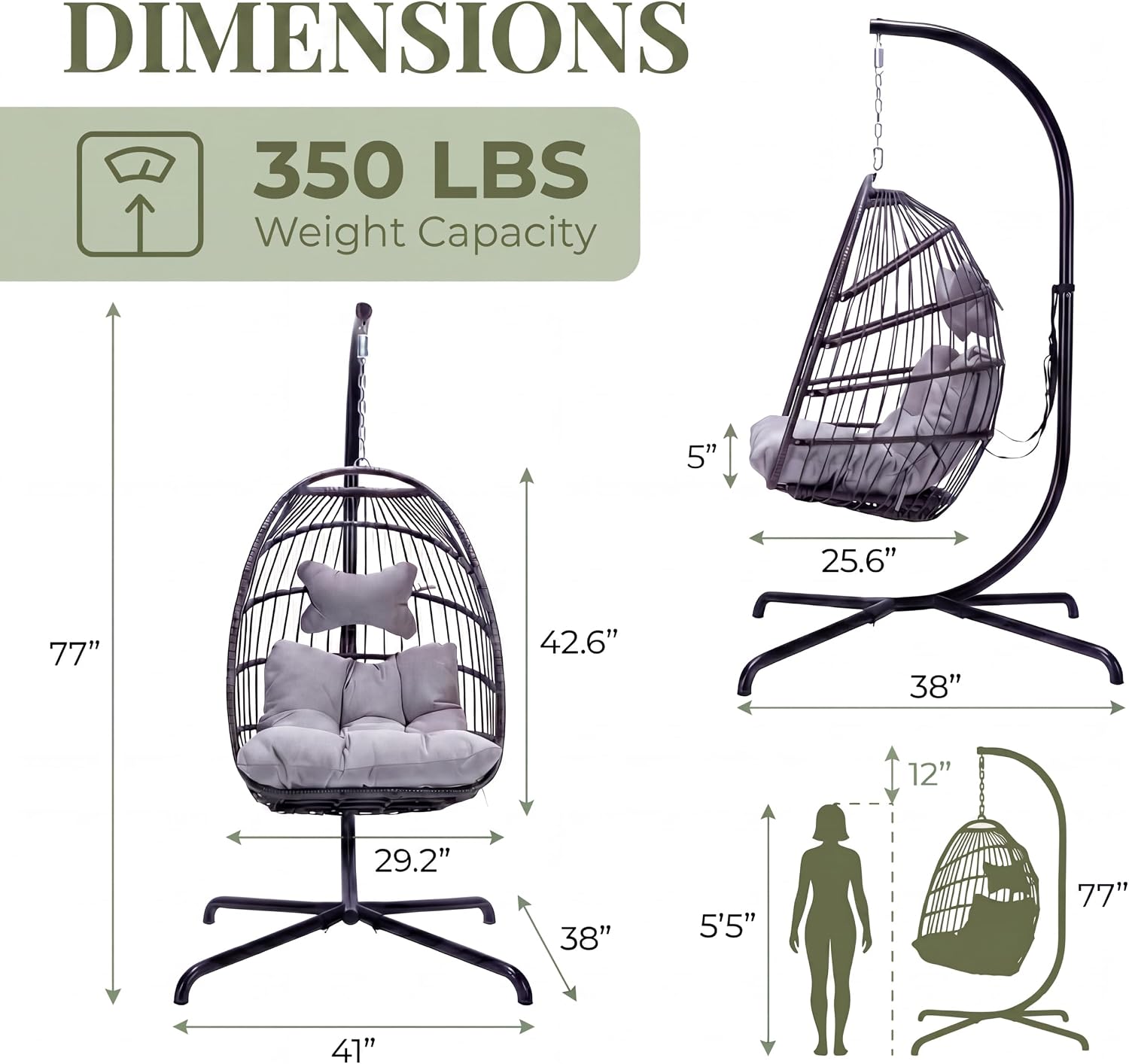 RADIATA Outdoor Patio Egg Chair with Stand and Cover, Compact Foldable Wicker Hanging Hammock Chair with Cushion, 350Lbs Single Person Swing Basket Seat for Indoor Balcony Backyard Porch, Light Grey