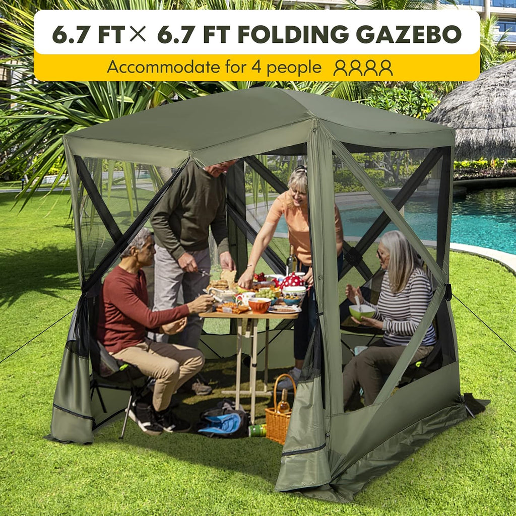 KOTEK 4 Sided Pop Up Gazebo, Outdoor Canopy Shelter with Mesh Walls, Portable Carry Bag, 2 Wind Cloth, 4 Person Screen Tent for Camping Traveling Hiking Patios Lawn Backyard, 6.7x6.7 ft (Green)