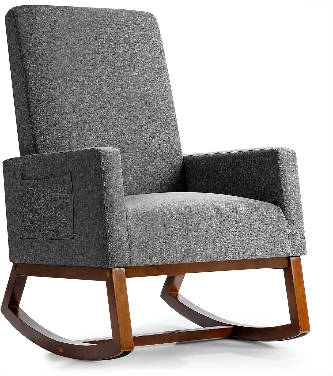 Giantex Upholstered Rocking Chair, Modern Fabric Armchair w/Wood Base, Side Pocket, Linen Padded Seat, High Back Accent Glider Rocker Chair, Mid-Century Leisure Chair for Nursery, Living Room (Gray)