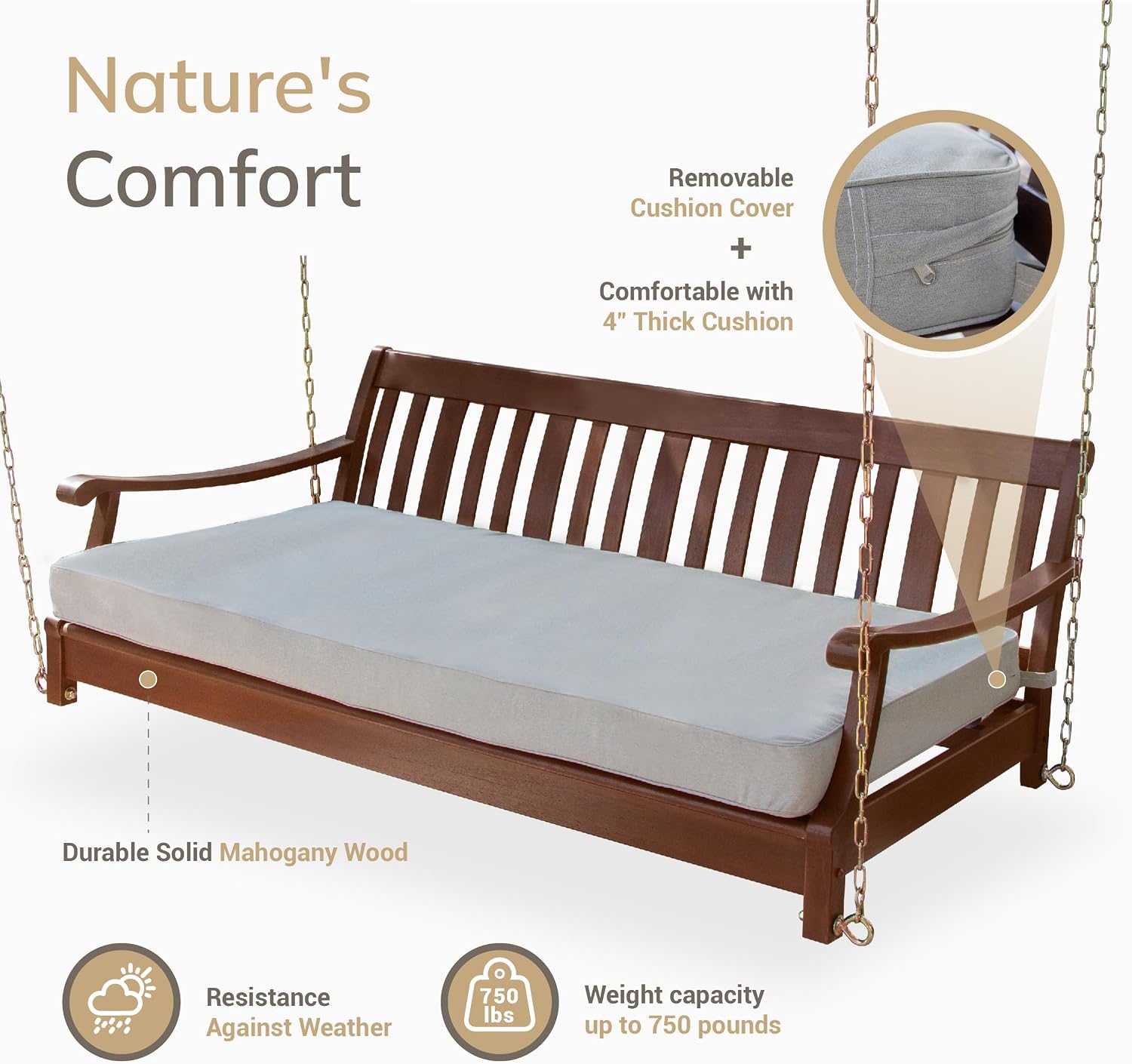 Cambridge Casual Robin Mahogany Wood 6 FT Porch Swing Bed, Upgraded Patio Porch Swing Daybed with Thick Oyster Cushion Support, 750 LBS, Outdoor Swing Bed for Garden, Backyard, or Porch