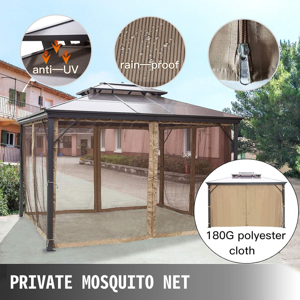 Happybuy Polycarbonate Hardtop Roof Gazebo 10' x 10' with Netting - Metal Gazebo Aluminum Permanent Double Tier Roof- Gazebos for Patios, Backyard, Outdoor and Lawn