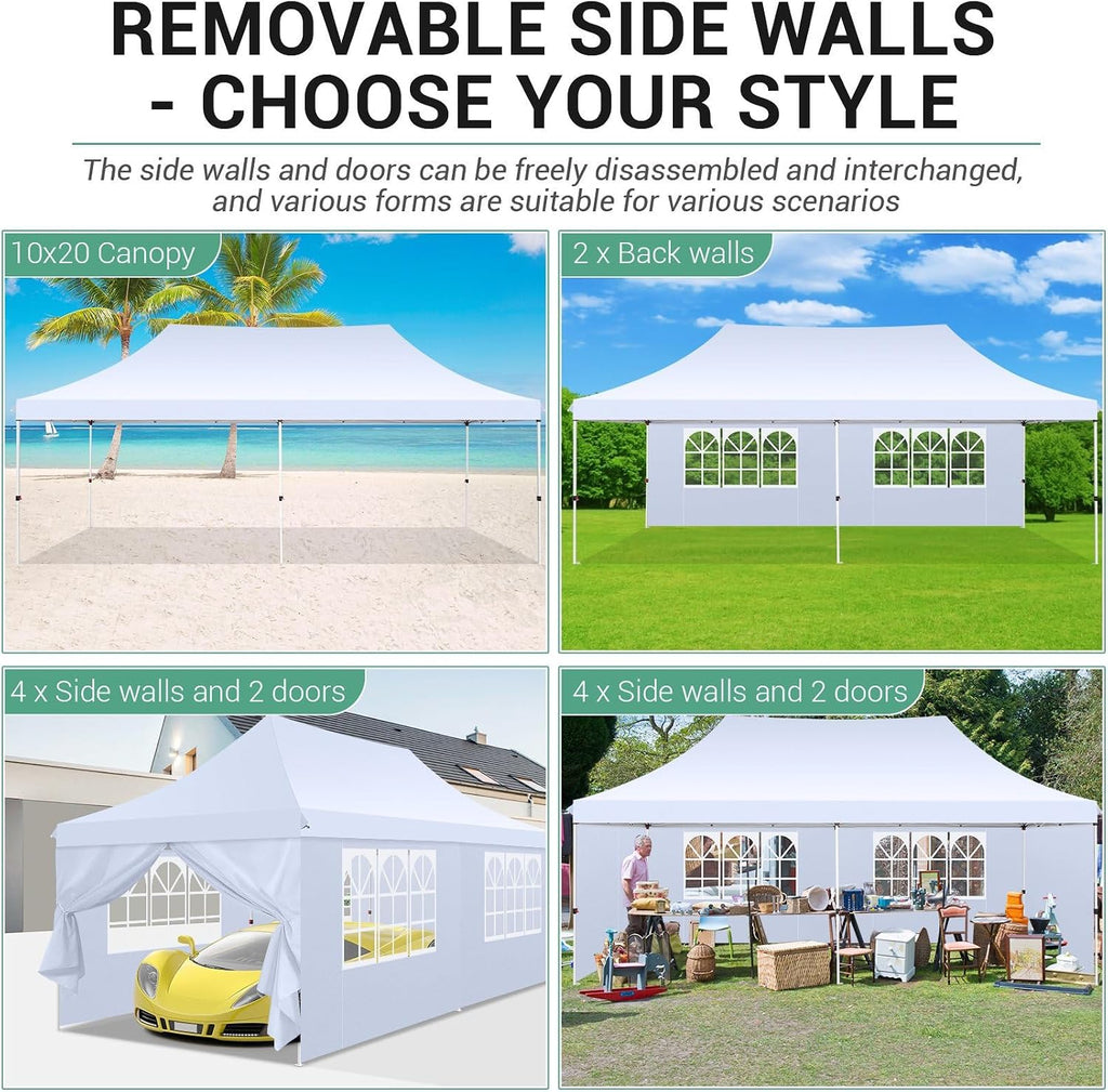 COBIZI 10x20ft Pop Up Canopy Tent with 6 Removable Sidewalls, Easy Up Commercial Canopy, Waterproof and UV50+ Gazebo with Portable Bag, Adjustable Leg Heights,Party Tents for Parties, with 4 Sandbags