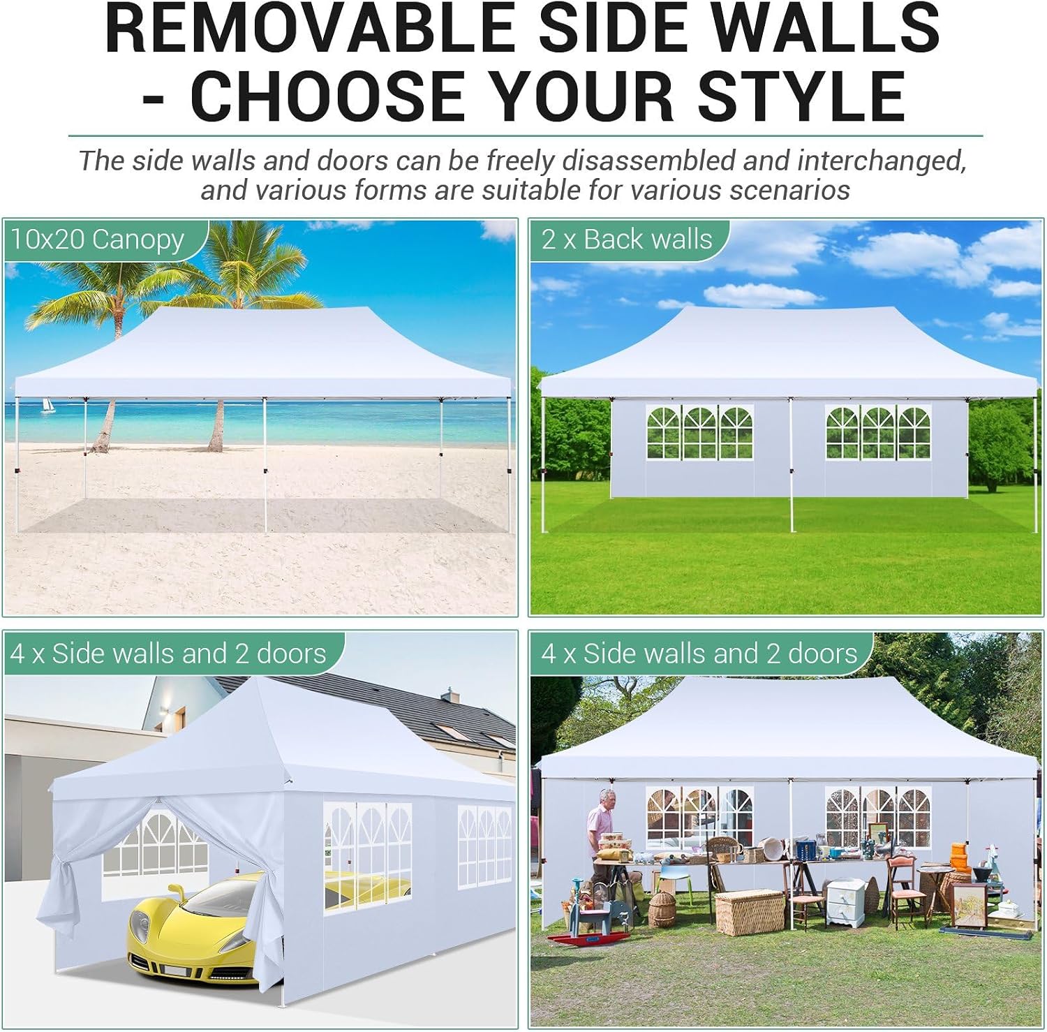 COBIZI 10x20ft Pop Up Canopy Tent with 6 Removable Sidewalls, Easy Up Commercial Canopy, Waterproof and UV50+ Gazebo with Portable Bag, Adjustable Leg Heights,Party Tents for Parties, with 4 Sandbags