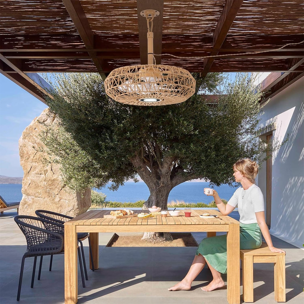 20'' Outdoor Gazebo Fan with Light, Outside/Indoor Hanging Rattan Ceiling Fan with Remote&APP Control, 3CCT Dimmable, 6-Speed DC Motor, Plug-in Wicker Woven Caged Ceiling Fans for Pergola Patio