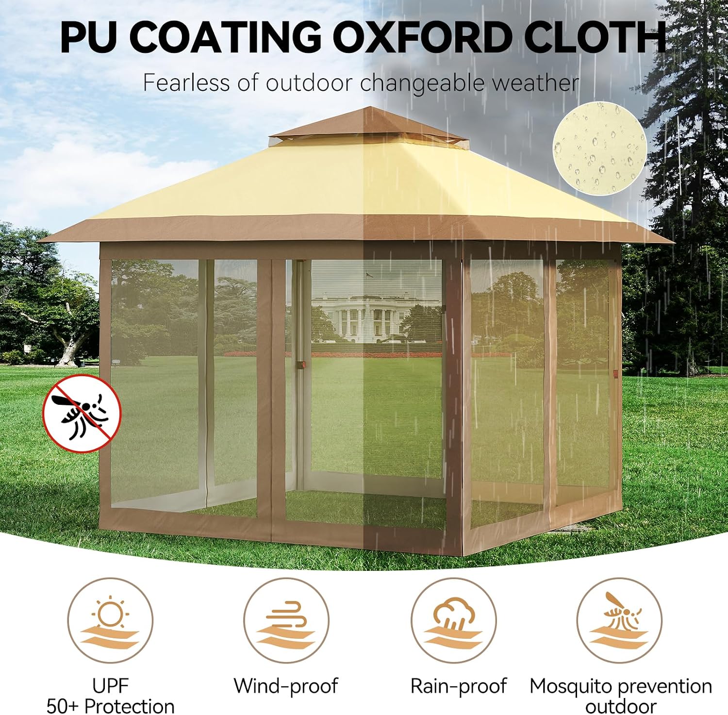 12x12 Pop Up Gazebo Tent with Mosquito Netting & Water,Resistant Oxford Canopy with Roller Bag,Instant Setup Outdoor Shelter for Backyard, Patio, Parties, Weddings, Outdoor Dining,Beige+Khaki