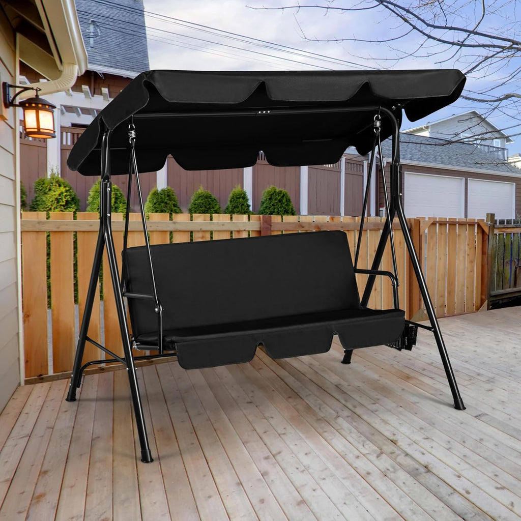 Yaheetech 3-Seat Patio Swing Chair, Outdoor Canopy Porch with Adjustable Canopy & Removable Cushion, Hanging Glider Lounge Chair for Patio, Garden, Yard, Porch - Black